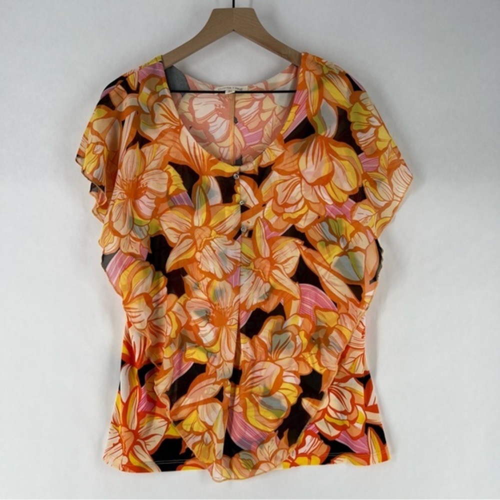 Clover + Pine Tropical Floral Chiffon Layered Scoop Neck Flutter Sleeve‎ Blouse